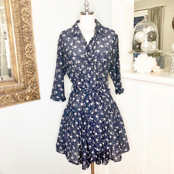Line & Dot Dresses & Skirts - Line & Dot Blue Bird Print Silk Ruffled Hem Dress
